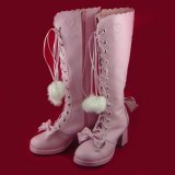ピンク　蝶結び付き　可愛い　ココロ　1CM防水台　合成皮革長靴　6.3CMヒール