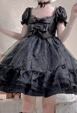 黒　ブラック　ゴスロリ　蝶結び付き　オーガンジー　おしゃれ　可愛い　ロリータドレス　日常適用
