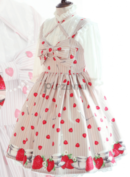 イチゴ図案　ハイウエスト　スウィート　よく売れる　ストラップ　ドレス