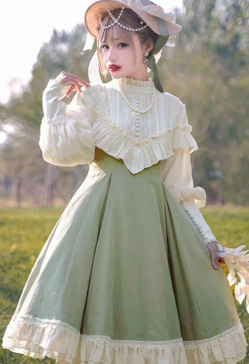 ライトグリーン　中世期の貴族少女　オリジナルOP　優雅　スウィート　森の中のフェアリー　花のとも　歌って踊ろう　コットン製　シフォン　ワンピース　ロリータドレス
