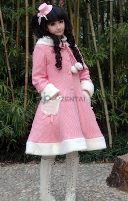 ピンク　ドット小柄　雪姫ロリータ様　超あったかい　ロリータコート