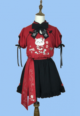 漢元素　詰襟　蝶結びつき　可愛い猫の刺繍　若さ無敵　元気満々　中華風ロリィタセット　通販