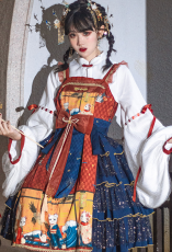浮世絵　JSKドレス シャツ 腰帯　セット　江戸時代の記憶　雨の中を歩く少女　神秘的　オリジナル　和風　洋服　オーガンジー　ポリエステル　ロリータドレス