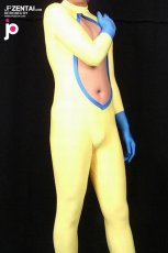 激安 カラー全身タイツ 透明人間 黄色　ライクラ　スパンデックス　全身タイツ　くん　お腹出し　ブルー手袋一体型　黄色のソックス一体型