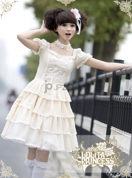 Lolita　米の色　格子　シフォン　半袖　ケーキスカート　フリフリ
