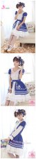 甘ロリィタ　　フリル　ブルー&ホワイト　刺繍柄　取り外す袖付き　ロリータドレス